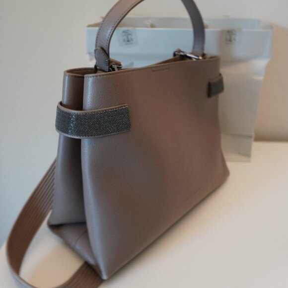 Brunello Cucinelli Essence Leather Tote Bag Large Monili Crossbody Wide Strap - Picture 2 of 16